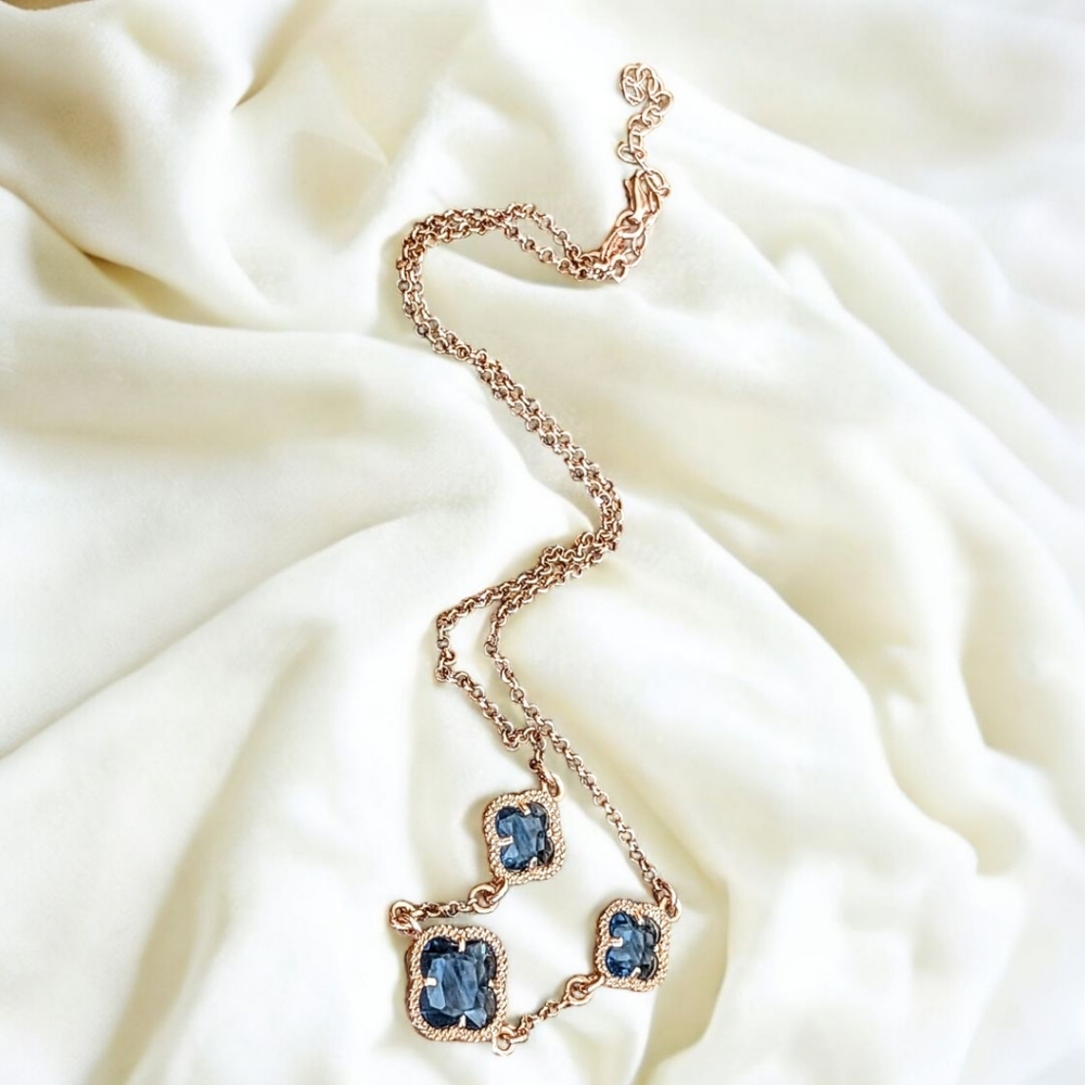 Rose-Gold Plated Dyademo W/ Three Blue Crystal Four-Leaf Clover Charms Necklace